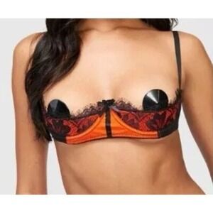 Frederick's of Hollywood Lux Open Cup Lace Shelf Bra Lingerie Black Orange Sz 10